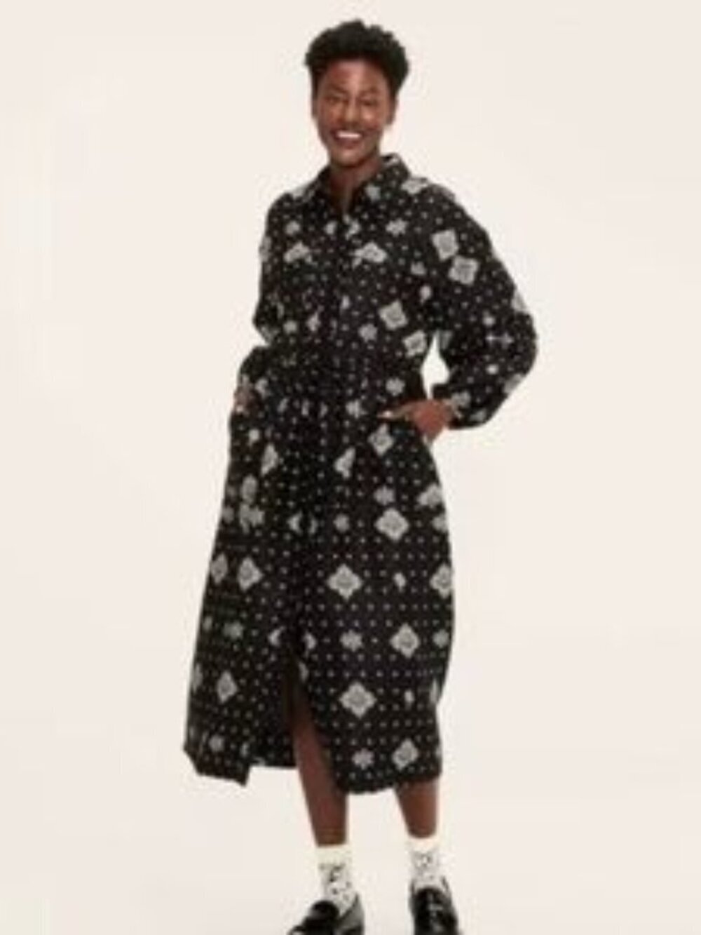 NWT Woolrich Black White Paisley Bandana Tie Front Maxi Shirt Dress Women M